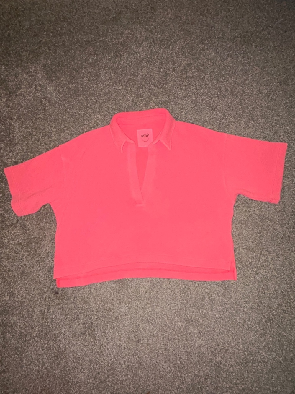 Aerie wonder short sleeve Coral hot neon pink color polo sweatshirt size medium